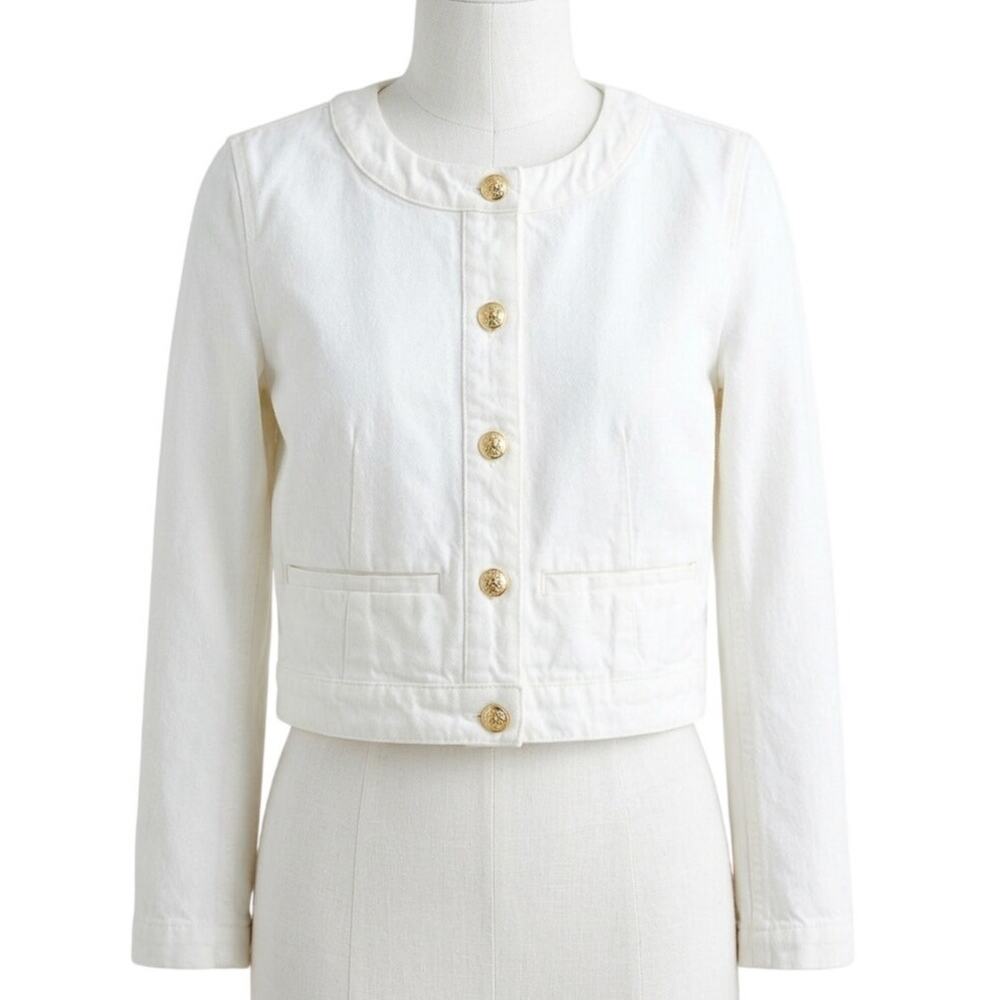 J Crew Petite Denim Jean Lady Jacket White Gold Crest Button Crop Old Money 2P